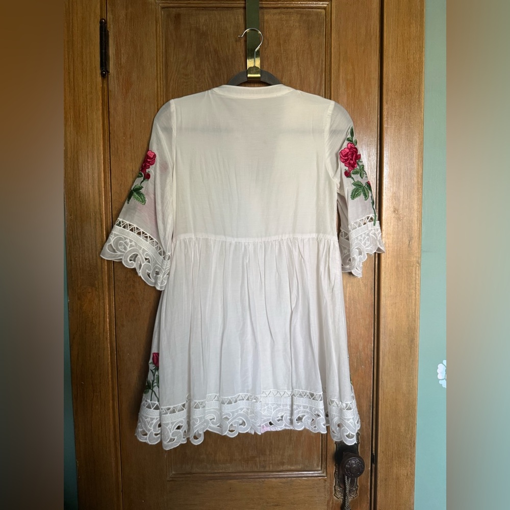 Silk and cotton embroidered lace button front mini dress - Picture 7 of 16